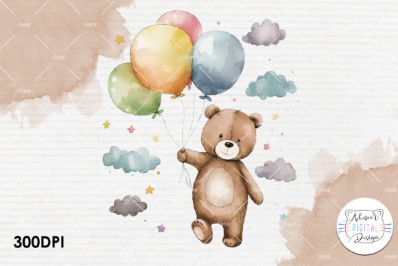 Watercolor Bear Flying with Balloons